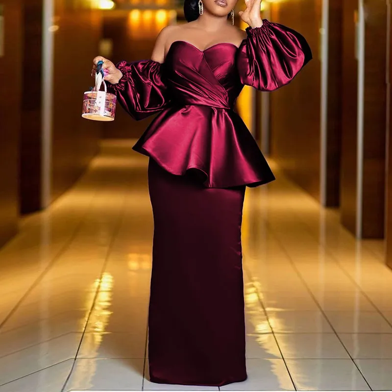 Solid Off Shoulder Lantern Sleeve Ruffle Design Maxi Evening Dress