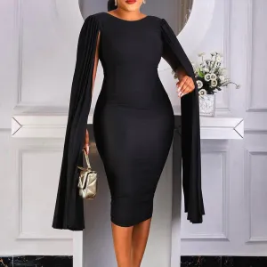 Solid Round Neck Slit Long Sleeve Midi Dress