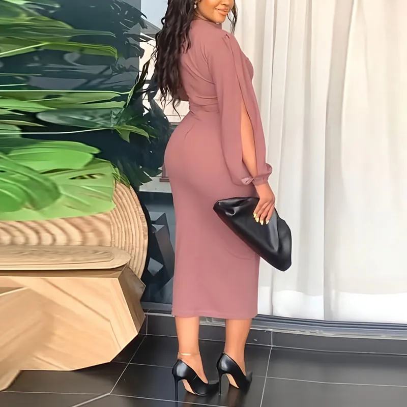 Solid Slit Sleeve Wrap Midi Dress