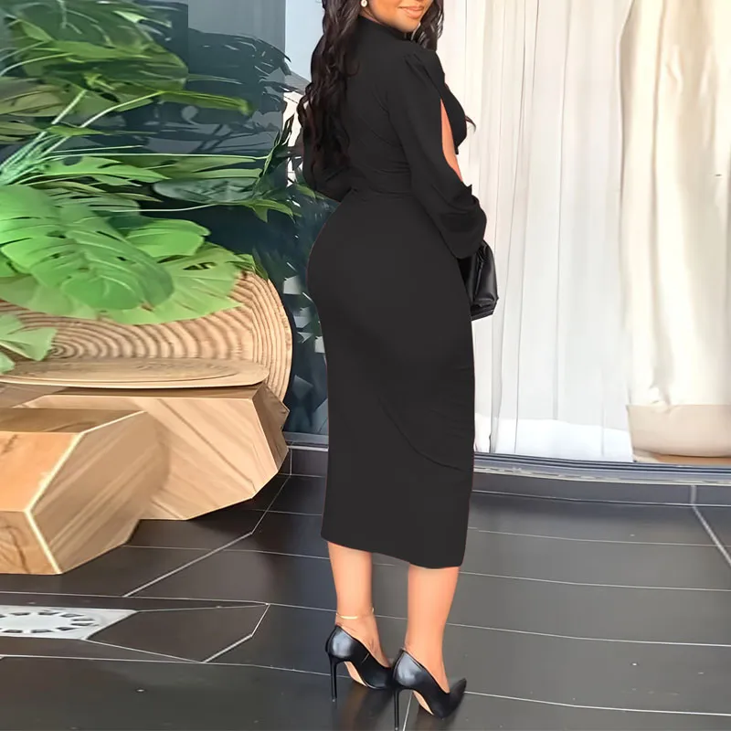 Solid Slit Sleeve Wrap Midi Dress