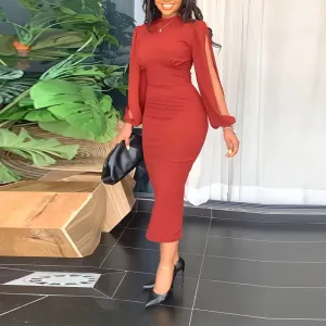 Solid Slit Sleeve Wrap Midi Dress