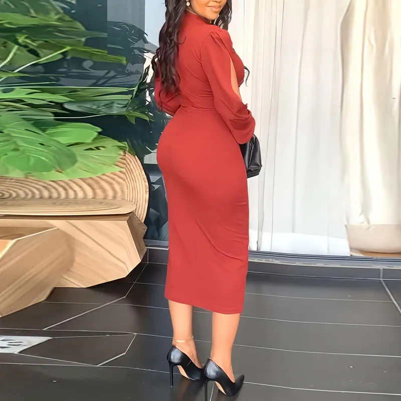 Solid Slit Sleeve Wrap Midi Dress