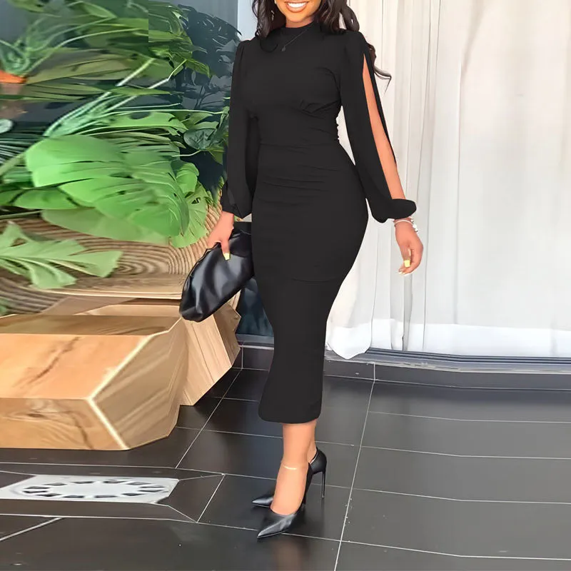 Solid Slit Sleeve Wrap Midi Dress