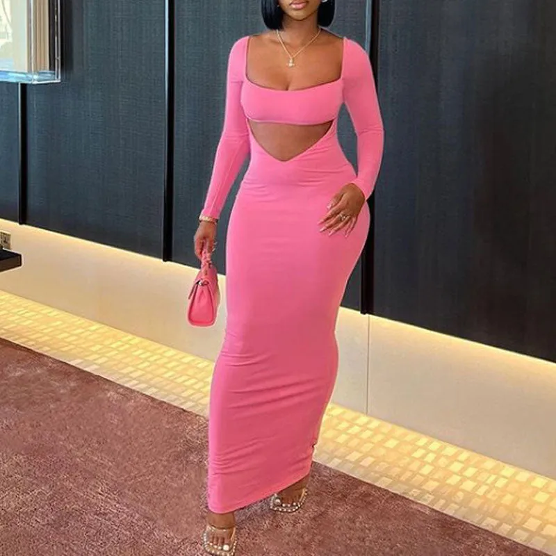 Solid Square Neck Long Sleeve Cut Out Maxi Dress