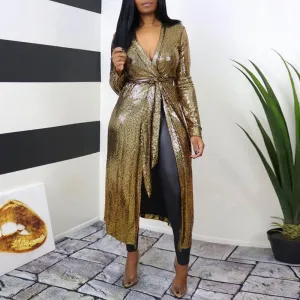 Solid V-Neck Long Sleeve Belted Dress