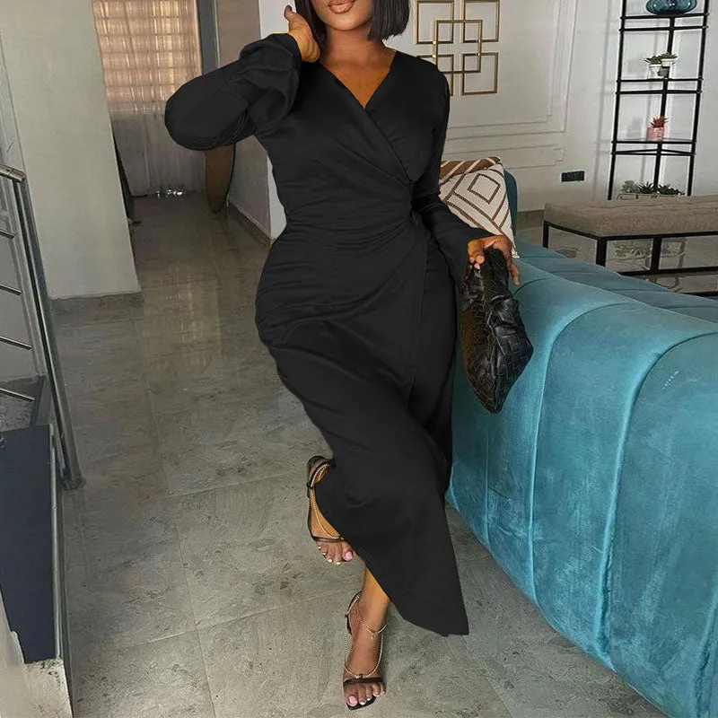 Solid V-Neck Long Sleeve Belted Maxi Dress