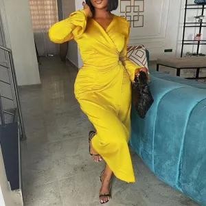 Solid V-Neck Long Sleeve Belted Maxi Dress