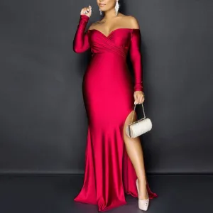 Solid V-Neck Off Shoulder Long Sleeve High Split Maxi Dress