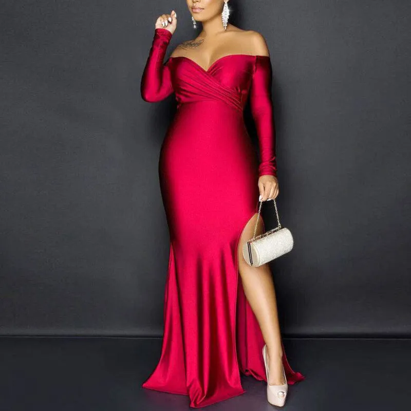 Solid V-Neck Off Shoulder Long Sleeve High Split Maxi Dress