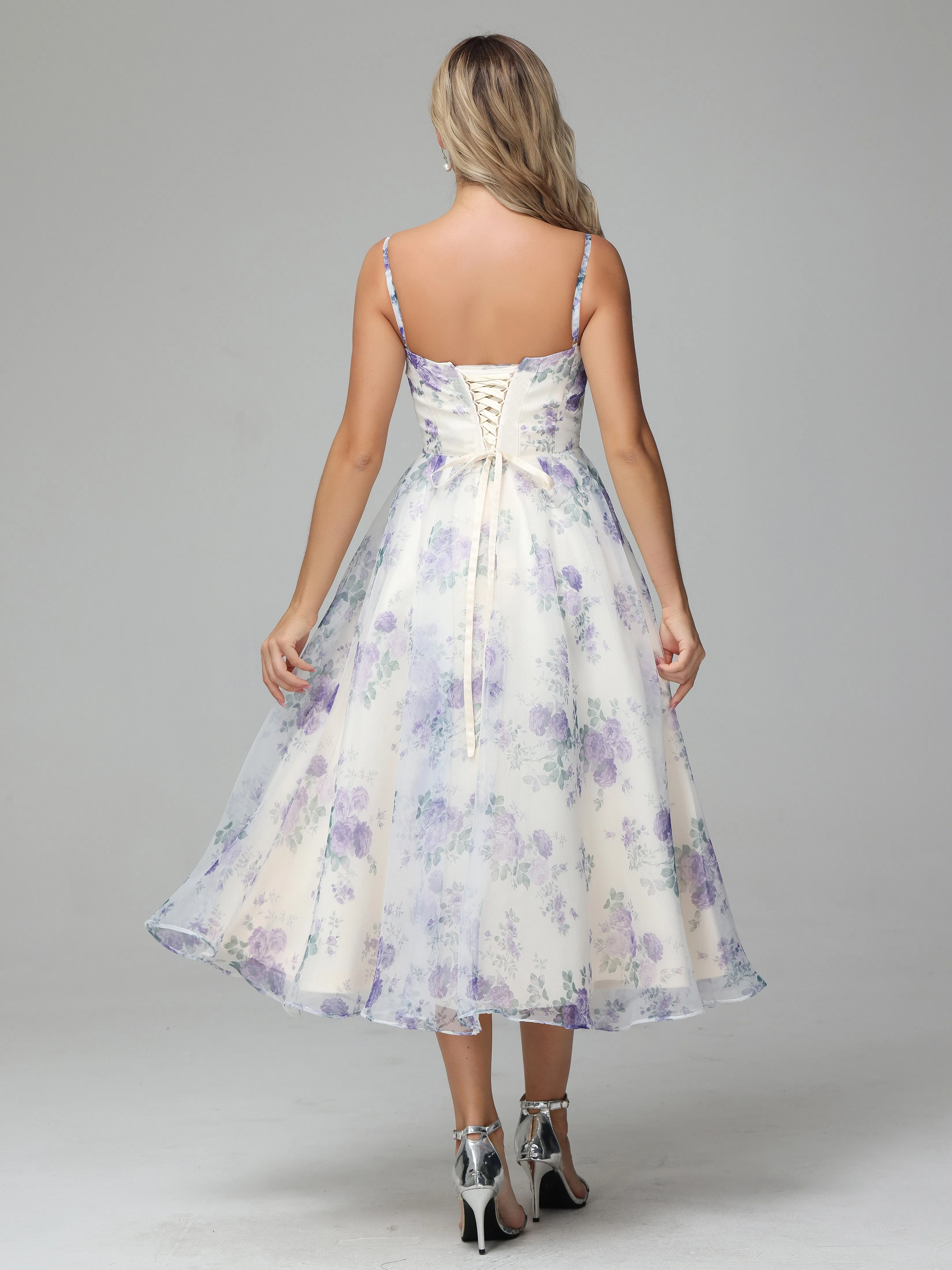 Spaghetti Straps Floral Print Tea Length Homecoming Dress