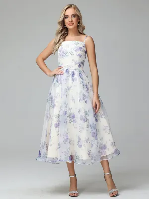 Spaghetti Straps Floral Print Tea Length Homecoming Dress