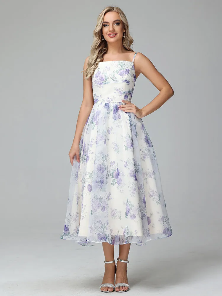 Spaghetti Straps Floral Print Tea Length Homecoming Dress