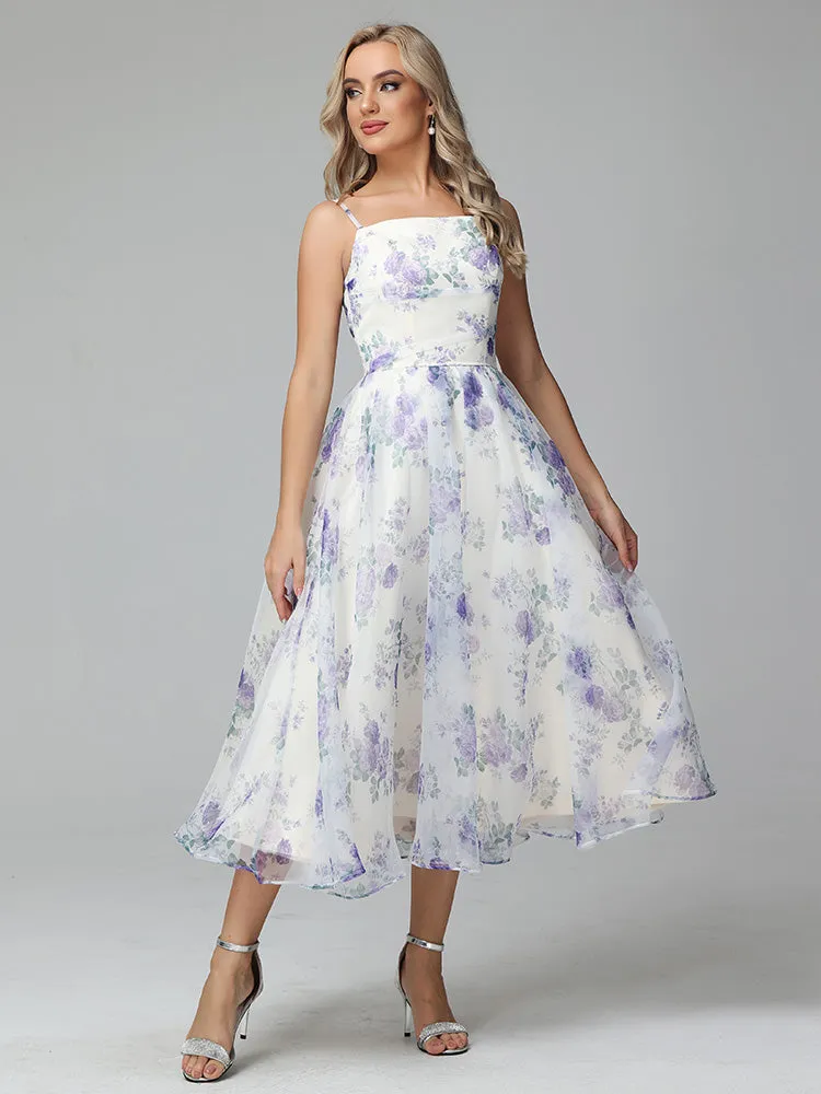 Spaghetti Straps Floral Print Tea Length Homecoming Dress