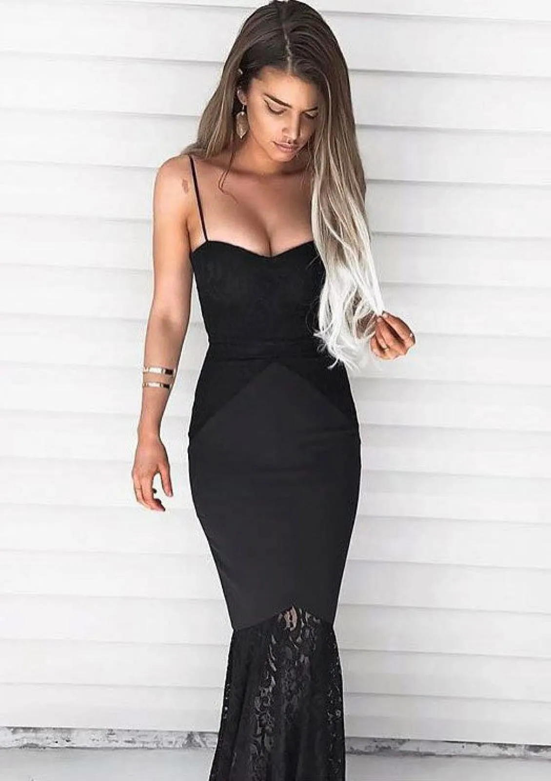 Spaghetti Straps Sweetheart Navy Blue Lace Satin Mermaid Evening Gown