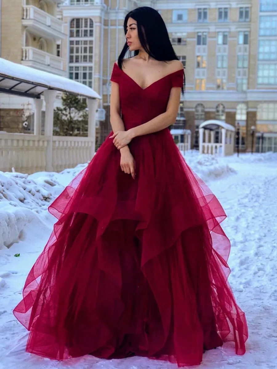Sparkle Ball Gown V Neck Burgundy Off the Shoulder Prom Dress, Quinceanera Dresses P1037