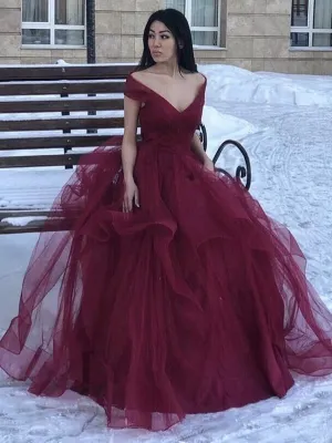 Sparkle Ball Gown V Neck Burgundy Off the Shoulder Prom Dress, Quinceanera Dresses P1037