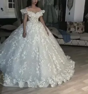 sparkly wedding ball gown 3d flowers elegant off the shoulder princess boho wedding dresses