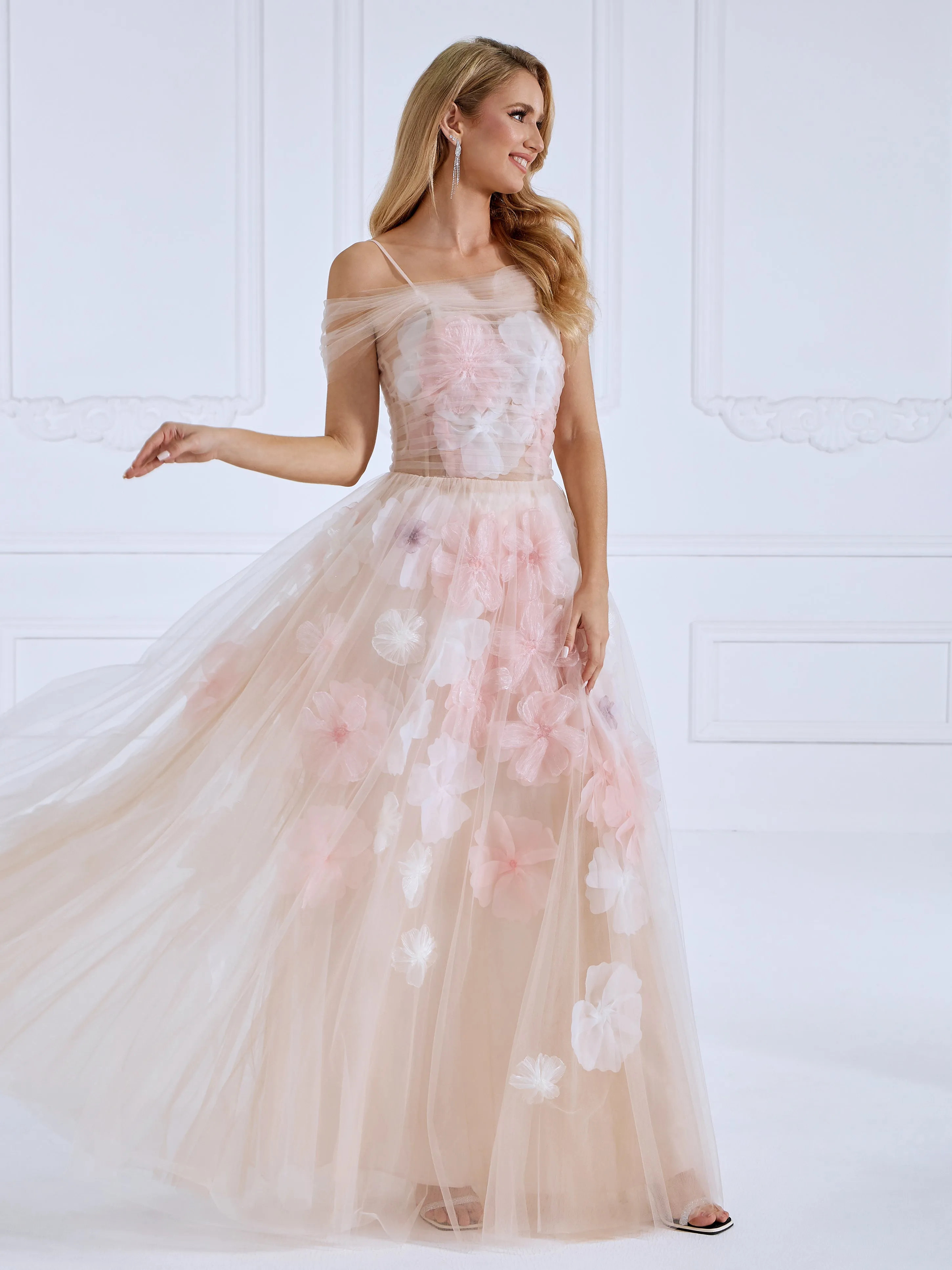 Strapless Corset Bodice Handmade Floral Applique Prom Dress Photo Shoot Gown #3363