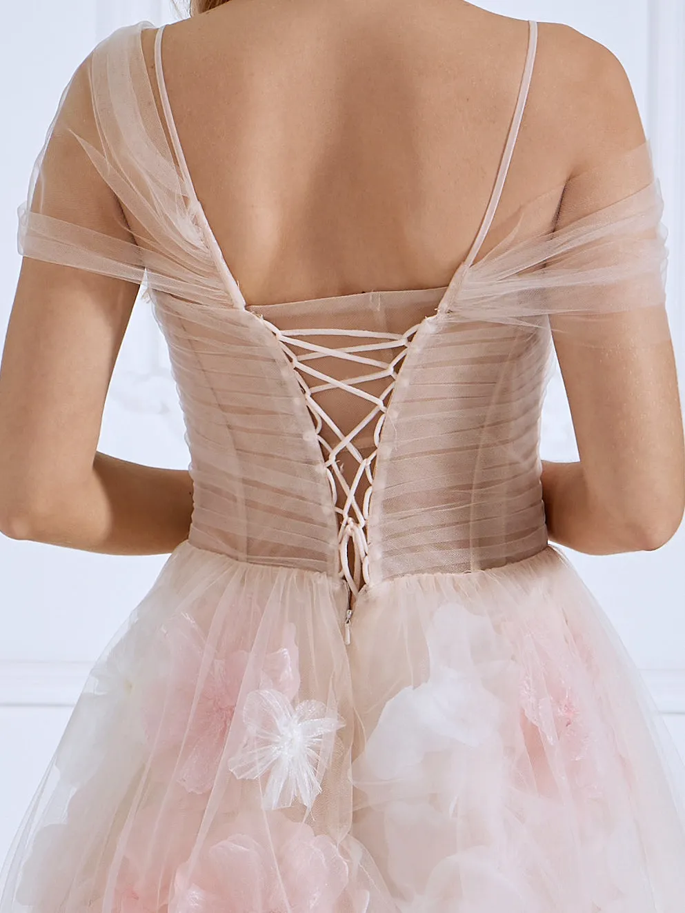 Strapless Corset Bodice Handmade Floral Applique Prom Dress Photo Shoot Gown #3363