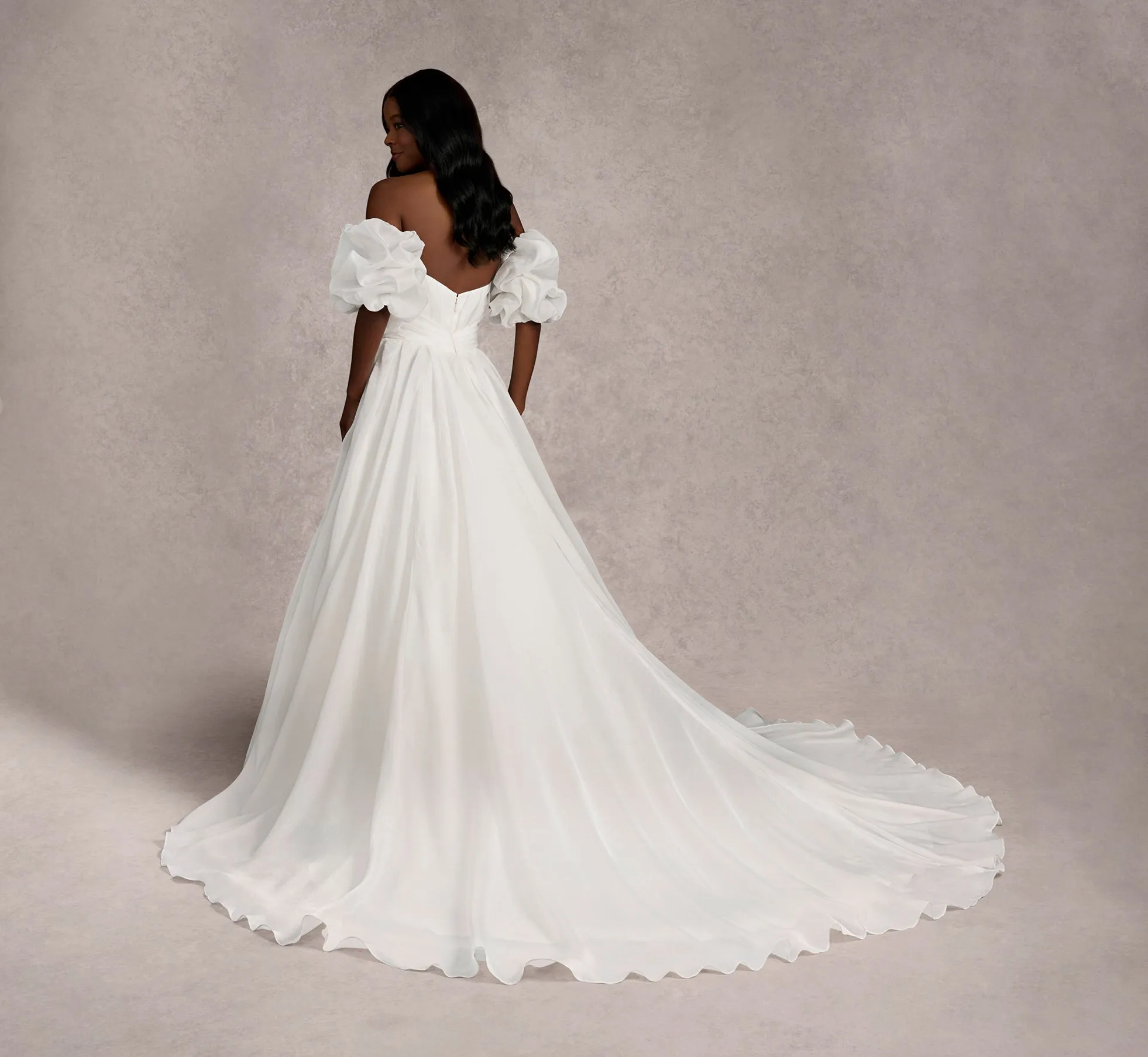 Strapless Organza Ball Gown With Removable Puff Sleeves In Ivory/Ivory In Ivory Ivory