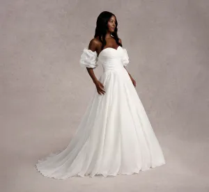 Strapless Organza Ball Gown With Removable Puff Sleeves In Ivory/Ivory In Ivory Ivory