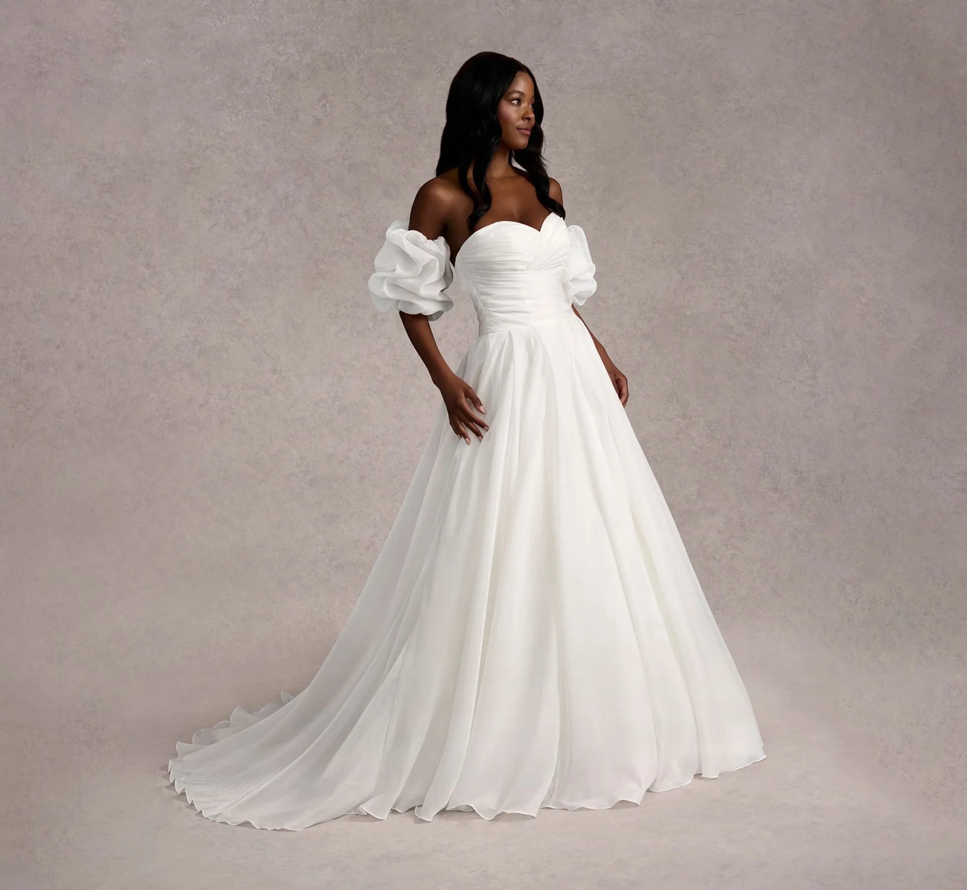 Strapless Organza Ball Gown With Removable Puff Sleeves In Ivory/Ivory In Ivory Ivory