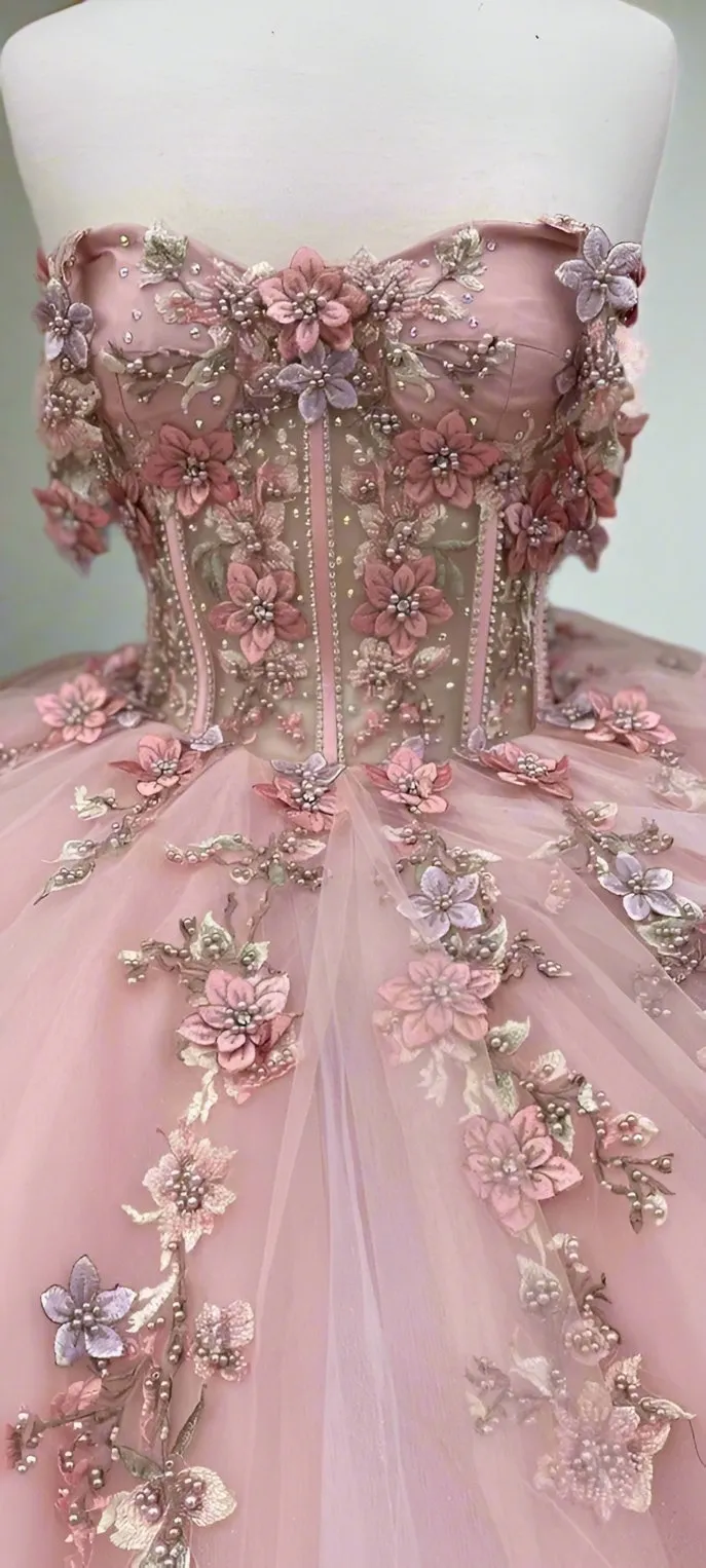 Strapless Sleeveless Pink Tulle Appliques Ball Gown Quinceanera Dresses