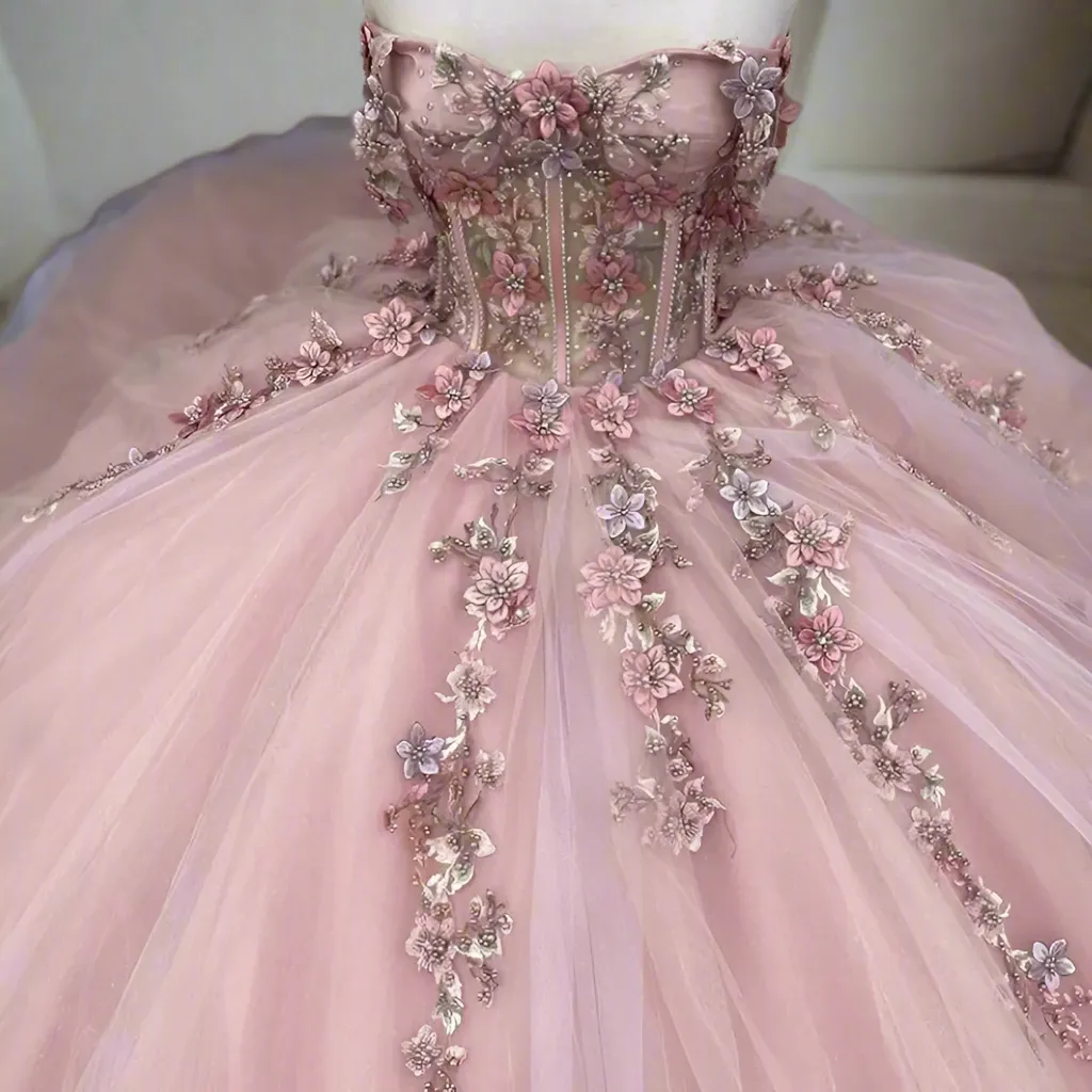 Strapless Sleeveless Pink Tulle Appliques Ball Gown Quinceanera Dresses