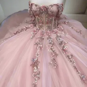 Strapless Sleeveless Pink Tulle Appliques Ball Gown Quinceanera Dresses