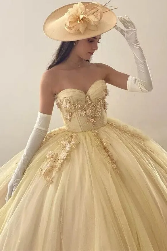 Strapless Tulle Ball Gown Yellow Sweetheart Quinceanera Dresses