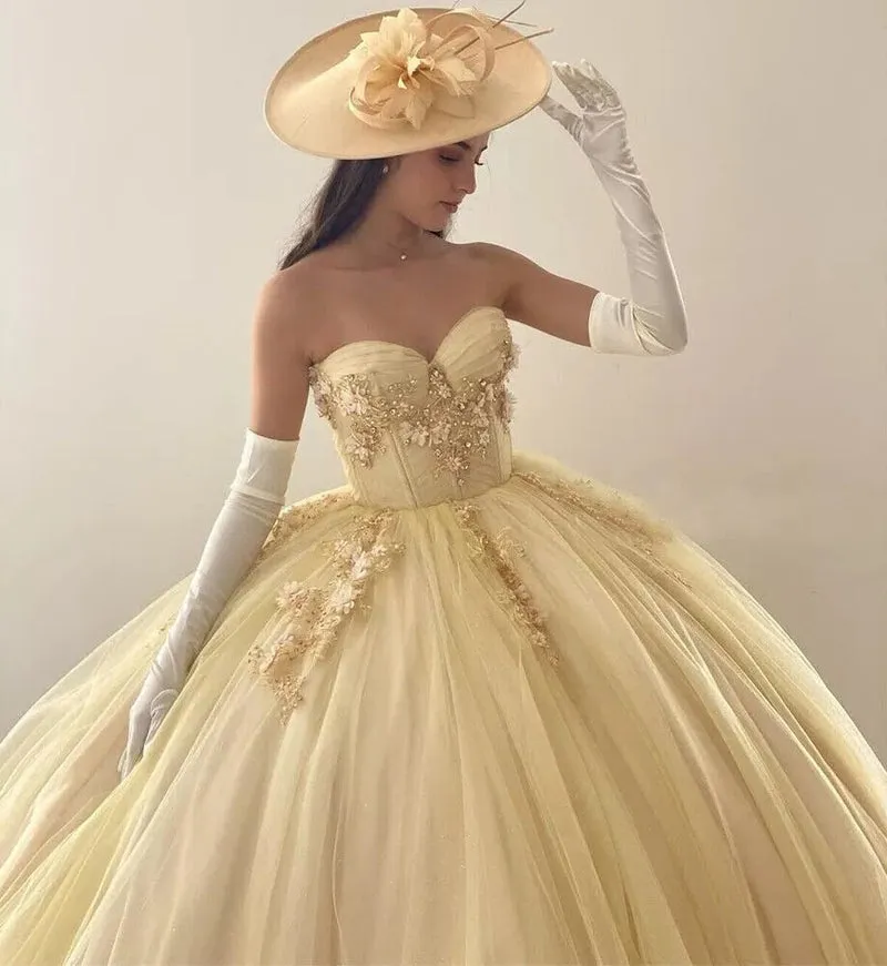 Strapless Tulle Ball Gown Yellow Sweetheart Quinceanera Dresses