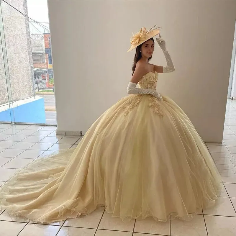 Strapless Tulle Ball Gown Yellow Sweetheart Quinceanera Dresses