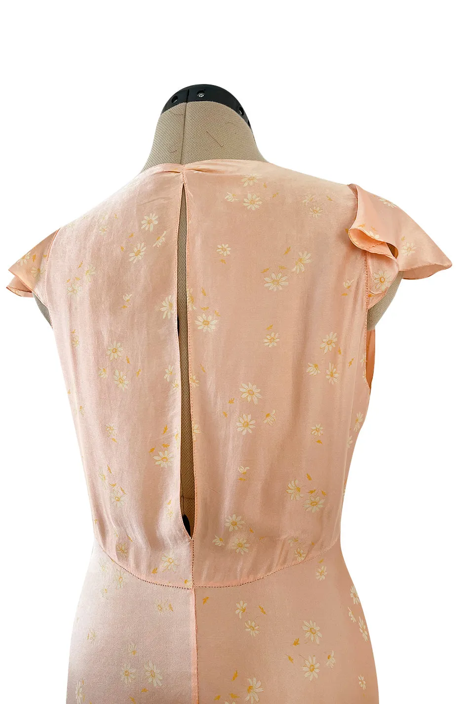 Stunning 1930s Bias Cut Soft Peach Pink Silk Lingerie Dress w Floral Daisy Print