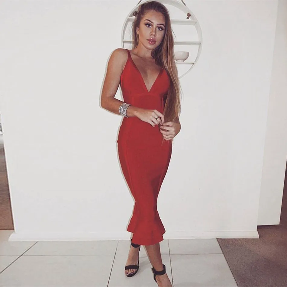 Summer Bandage Dress Women Celebrity Party Spaghetti Strap V-Neck Sexy Night Club Midi Mermaid Bodycon Vestido
