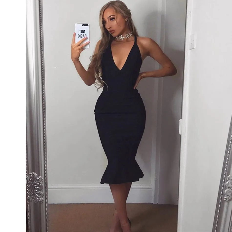 Summer Bandage Dress Women Celebrity Party Spaghetti Strap V-Neck Sexy Night Club Midi Mermaid Bodycon Vestido