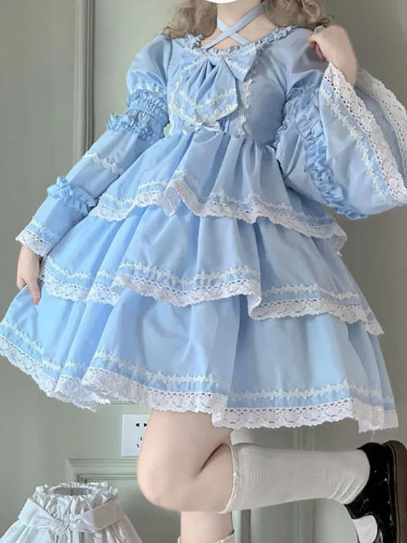 Sweet Lolita Dress Polyester Long Sleeves Dress Adjustable Elastic