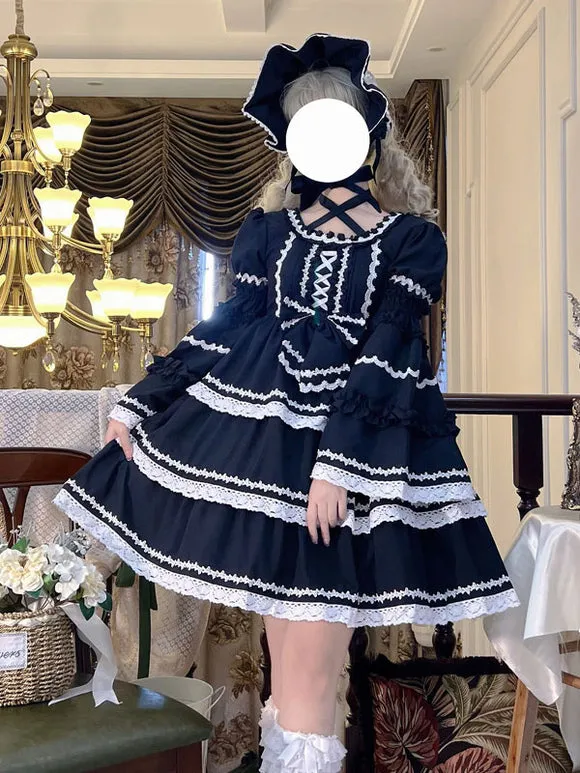 Sweet Lolita Dress Polyester Long Sleeves Dress Adjustable Elastic