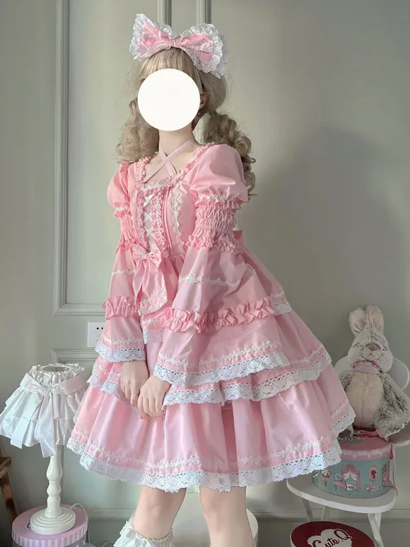 Sweet Lolita Dress Polyester Long Sleeves Dress Adjustable Elastic