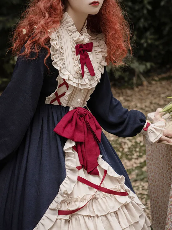 Sweet Lolita OP Dress Ruffles Bows Long Sleeves Pink Tea Party Lolita One Piece Dresses