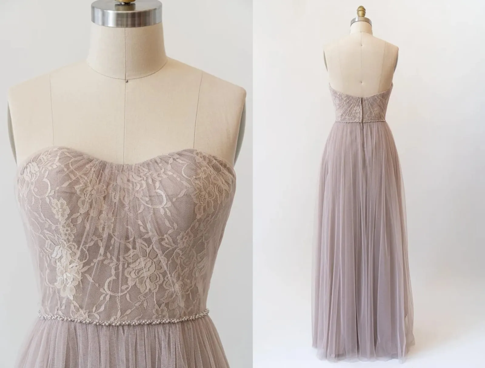 Sweetheart Grey Lace Tulle Long Strapless Bridesmaid Dress, Beads