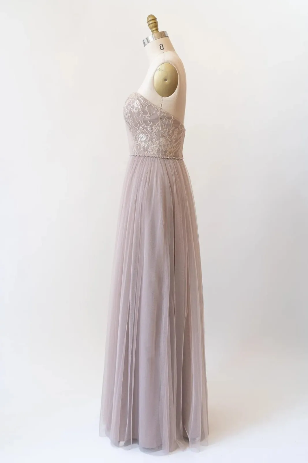 Sweetheart Grey Lace Tulle Long Strapless Bridesmaid Dress, Beads