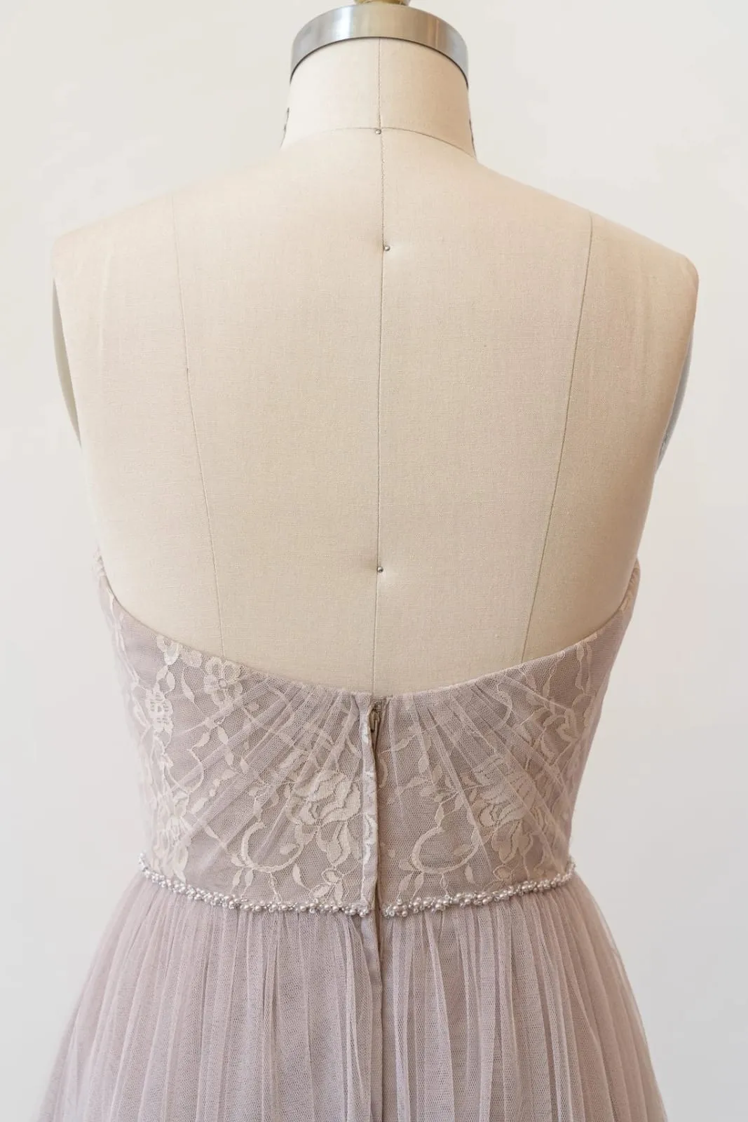 Sweetheart Grey Lace Tulle Long Strapless Bridesmaid Dress, Beads