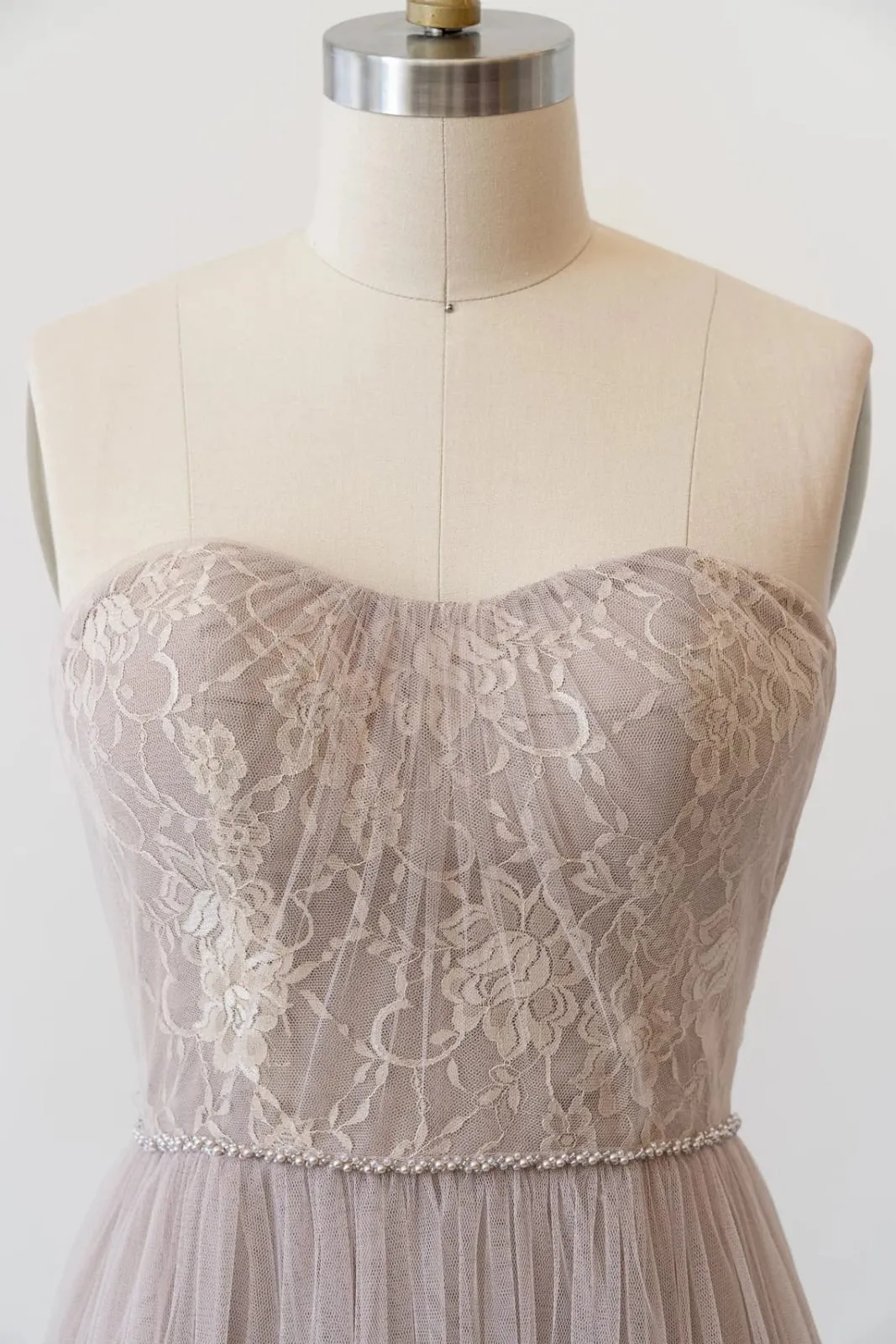 Sweetheart Grey Lace Tulle Long Strapless Bridesmaid Dress, Beads