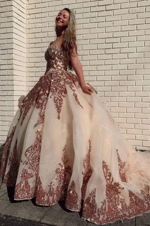 Sweetheart Tulle Sequin Long Prom Gown Evening Dresses OKP62