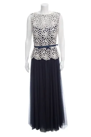 Tadashi Shoji White & Navy Knit Lace Gown SZ 6