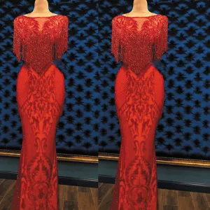 tassels evening dresses long mermaid red sparkle bling elegant evening gown formal dresses 2020