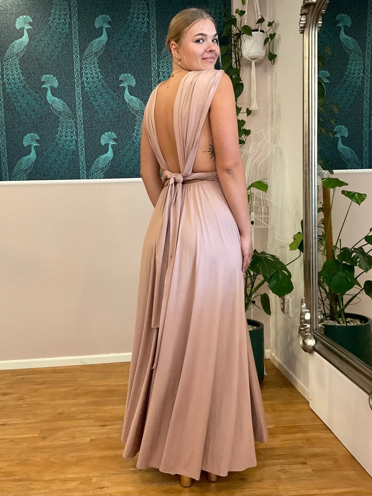 Taupe Convertible Infinity bridesmaid dress with split Express NZ wide