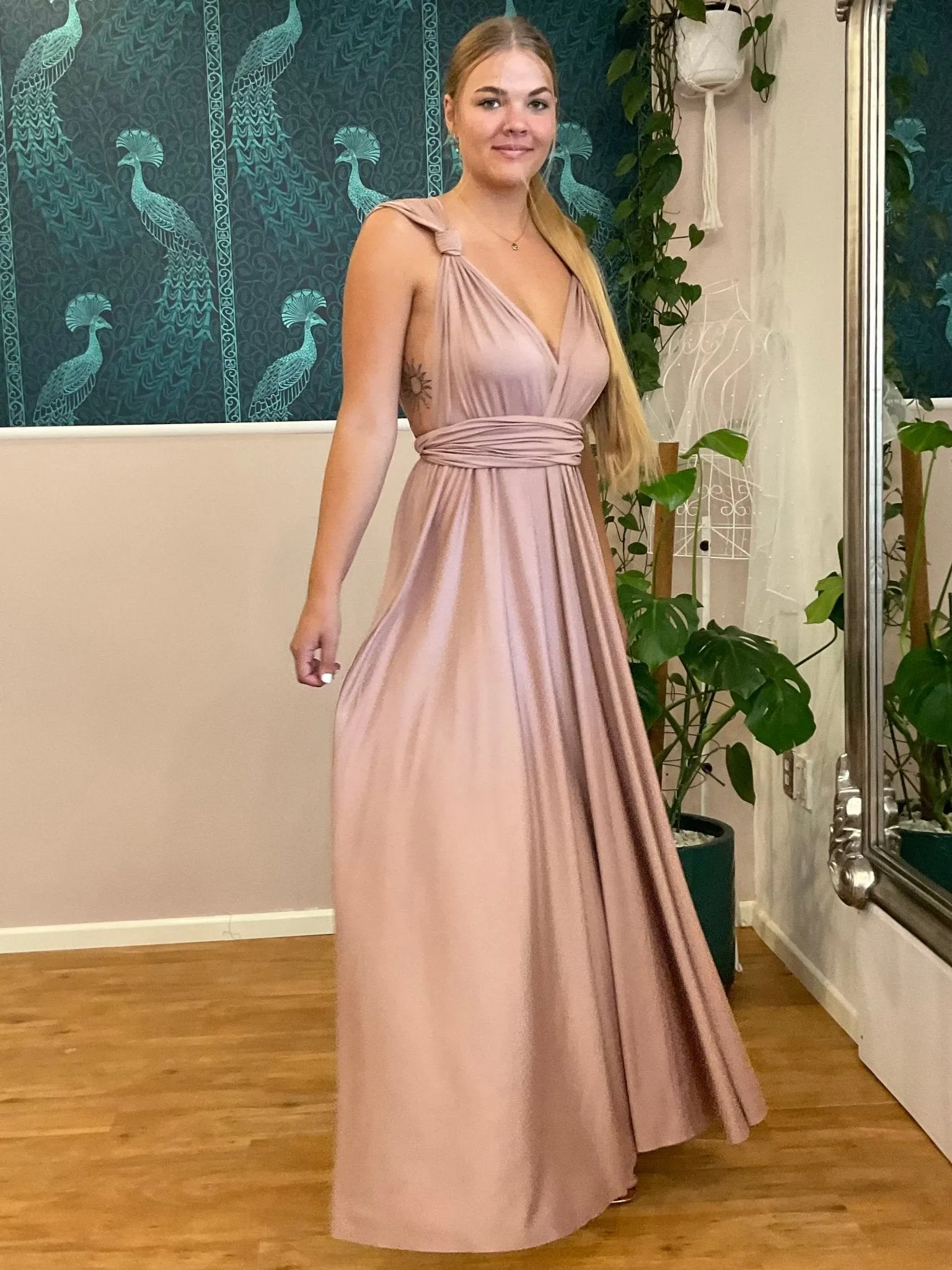 Taupe Convertible Infinity bridesmaid dress with split Express NZ wide