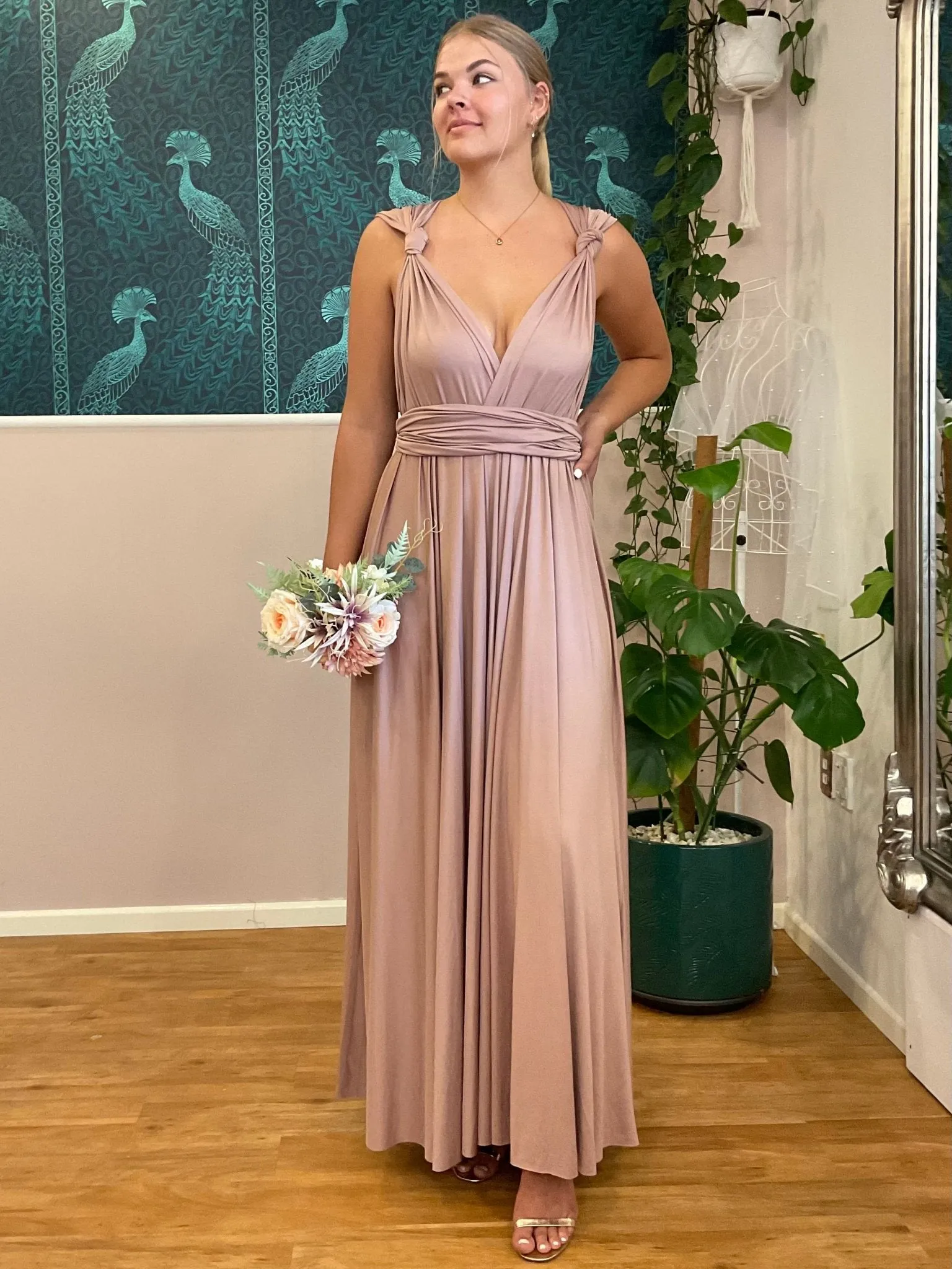 Taupe Convertible Infinity bridesmaid dress with split Express NZ wide