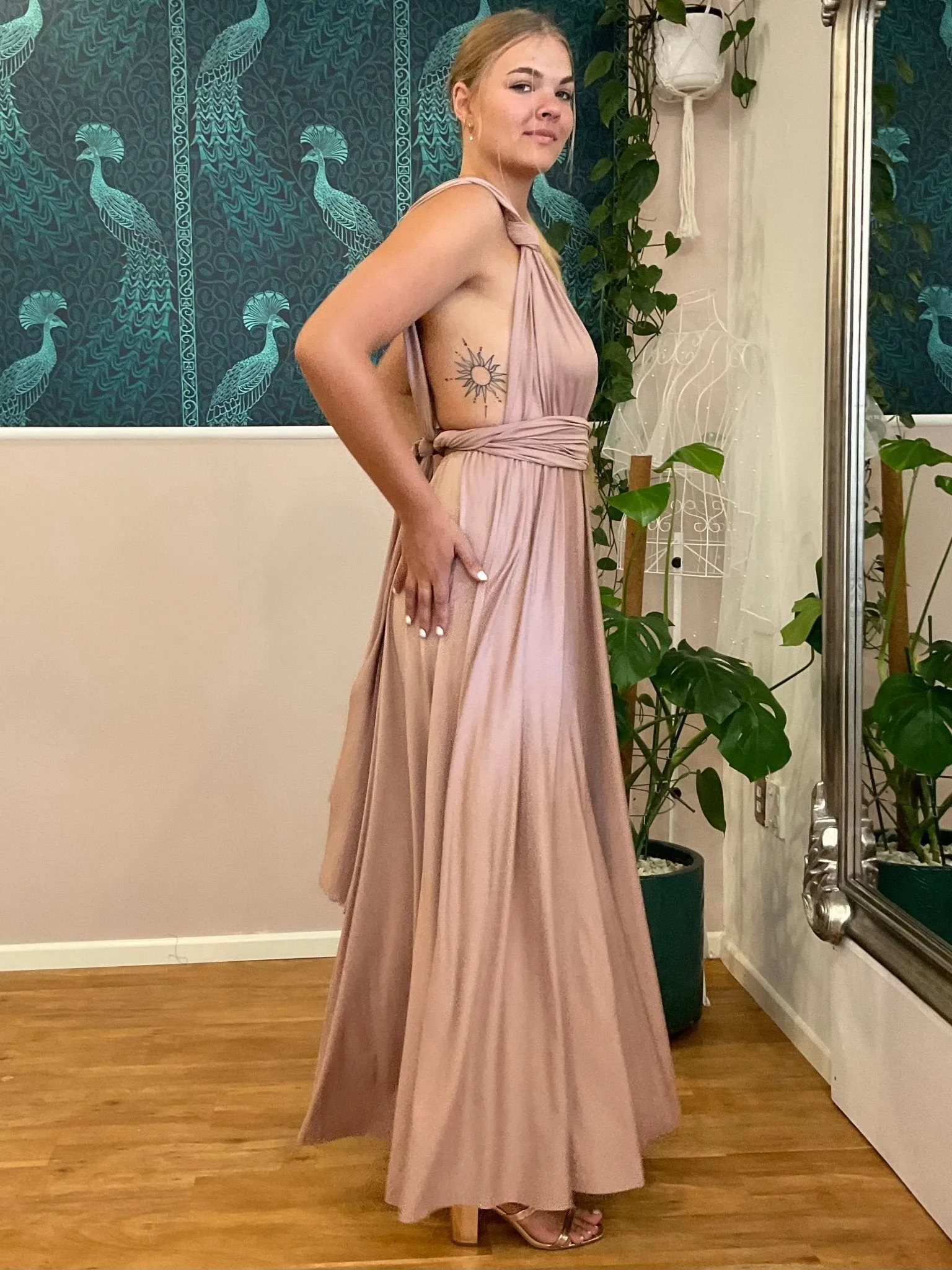 Taupe Convertible Infinity bridesmaid dress with split Express NZ wide